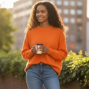 ANTHROPOLOGIE PILCRO Women's S Orange 100% Cashmere Crewneck Knit Sweater